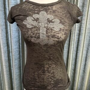Women's Rhinestone Cross Burnout Short Sleeve Tee